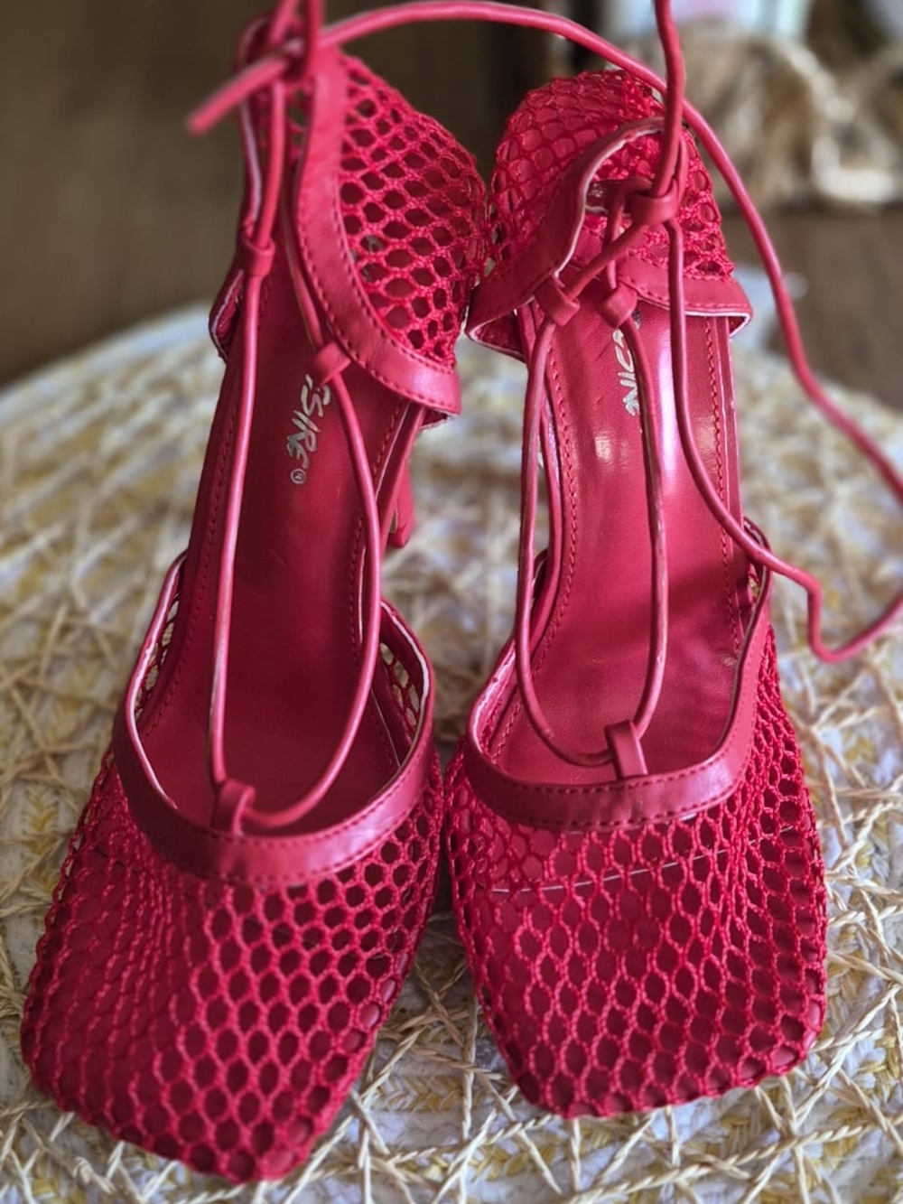 Public Desire Red Mesh Lace-Up Heels